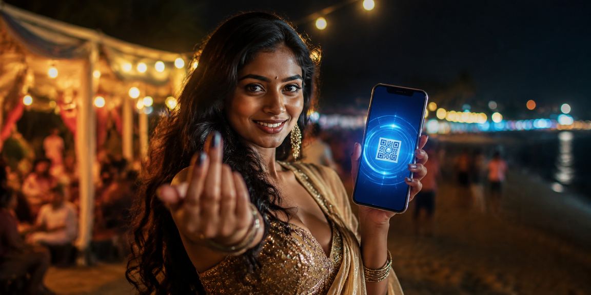 Mobile user using online betting app on Indian beach
